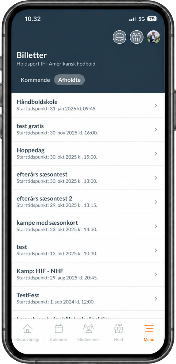 Deltagernes billetter til forbundets arrangementer i Holdsport-appen